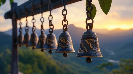 Obraz premium Ornate Bells Hanging Against a Sunset Mountain View