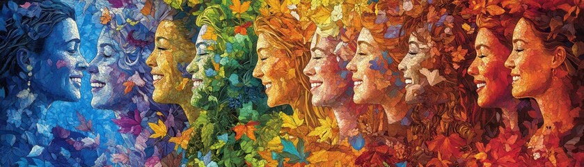 Fototapeta premium A vibrant painting depicting a diverse group of individuals, each showcasing unique hairstyles and colors, ranging from fiery reds to cool blues, set against a lively abstract background.