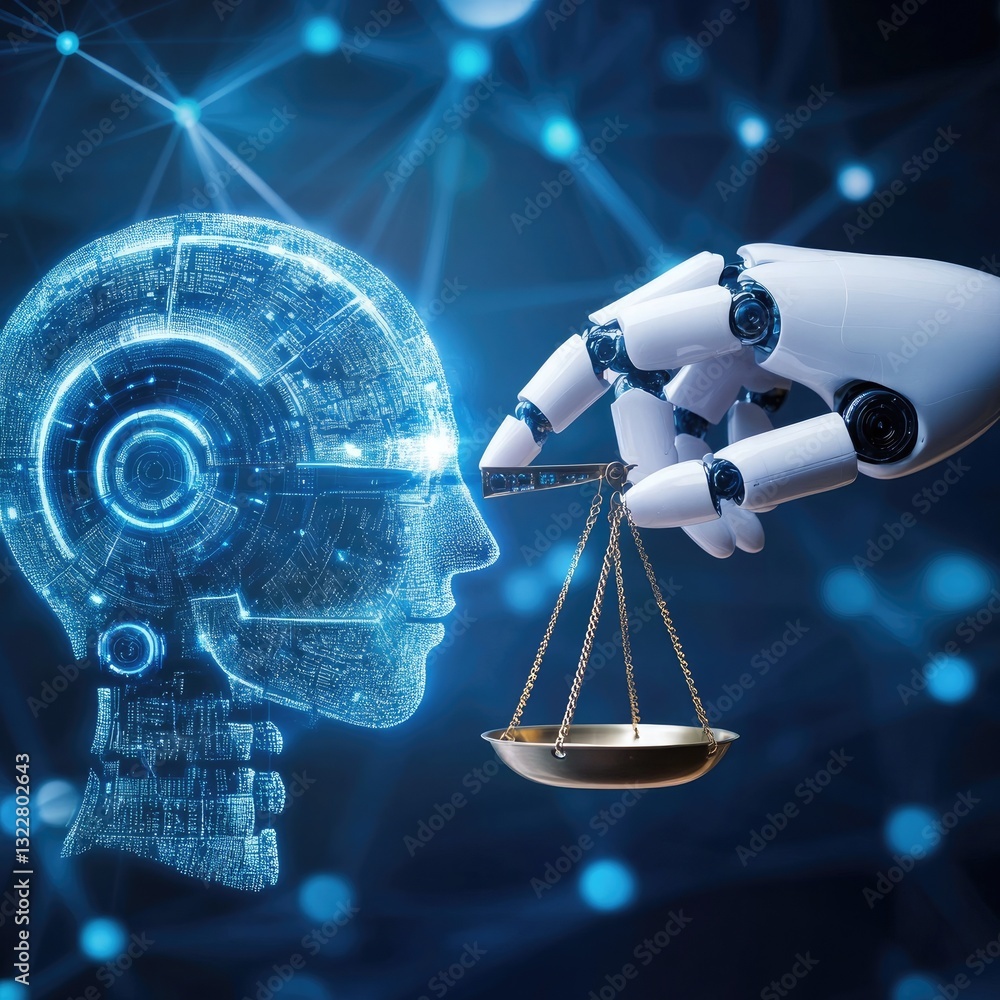 Poster artificial intelligence and justice system digital transformation robotic hand weighing ai head on s