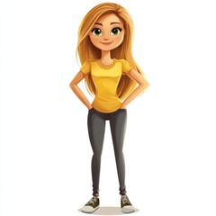 Fototapeta premium Cheerful Cartoon Teenage Girl Character with Long Hair in Yellow Shirt