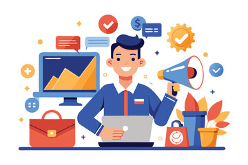 An illustration depicting a team of people working together on a digital marketing strategy. They are using laptops, tablets, and phones to plan and execute their campaign