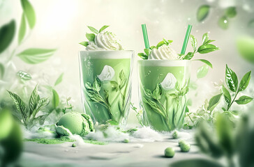 Refreshing Green Mocktails with Mint Leaves and Whipped Cream on a Soft Background Surrounded by Nature Elements and a Bright Atmosphere