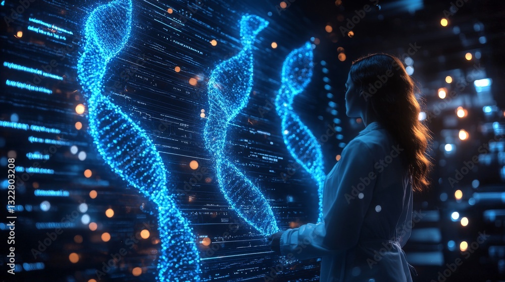 Poster A researcher engages with holographic representations of quantum concepts, including qubits and superposition, in a high-tech laboratory setting.