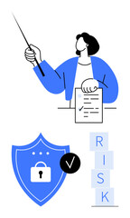 Person with pointer and checklist, shield with padlock, risk blocks. Ideal for cybersecurity, data protection, risk management, compliance, business planning, education abstract line flat metaphor