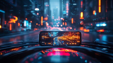 A digital navigation system presents a futuristic city night road view