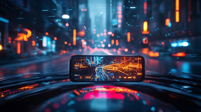 A digital navigation system presents a futuristic city night road view - Powered by Adobe