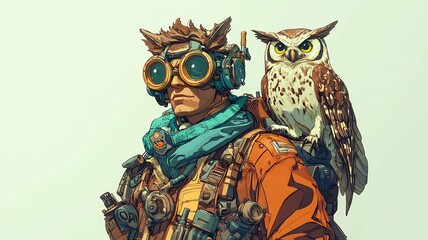 Cartoon character colorful fantasy detailed realistic Adventurer with owl in urban exploration gear.