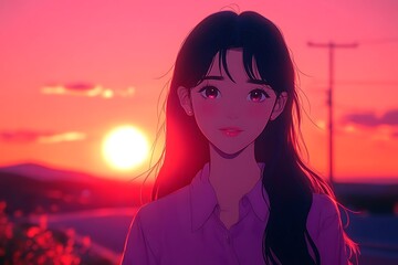 A beautiful woman watches the sunset in the scenic background