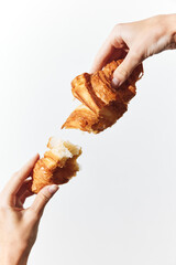 Hands holding croissant and bread in front of white background