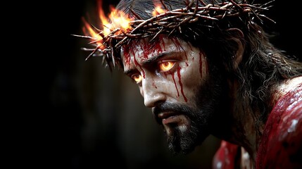 Jesus Christ, crown of thorns, blood, dark background, religious art