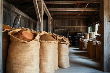 Grain-filled jute sacks placed neatly inside a spacious storage room exude rustic, timeless agricultural charm
