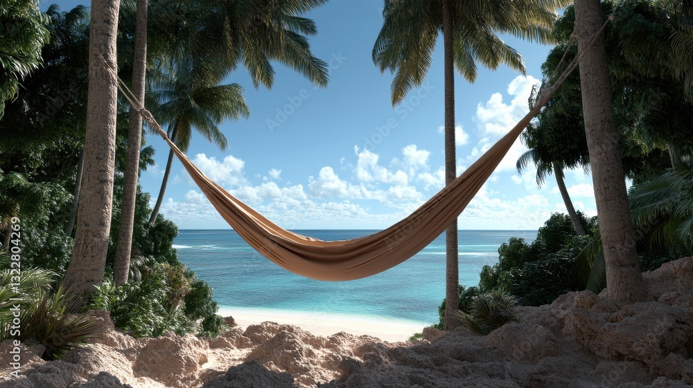 Poster a hammock is hanging between two palm trees on a beach