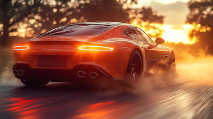 A luxury supercar speeds down a scenic road at dusk, kicking up dust in the golden sunlight.