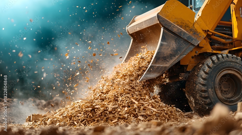 Poster automated industrial shredding and processing wooden debris scrap and waste materials into reusable 