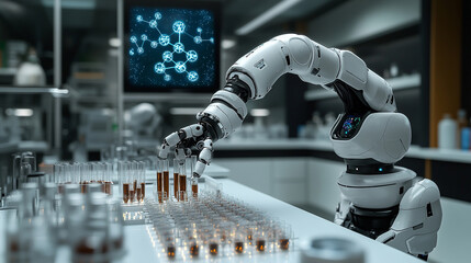 High-tech robotic arm performing automated chemical analysis in cutting-edge biotech lab.