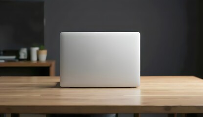 Sleek silver laptop placed on a wooden desk with a dark background, perfect for representing productivity, technology, and workspaces in a minimalist aesthetic. Ideal for business or creative contexts