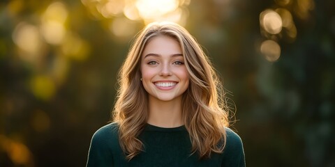 Fototapeta premium Confident and Radiant Young Woman Basking in the Warm Glow of Nature s Embrace