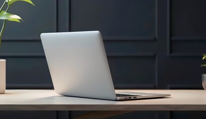 Sleek silver laptop placed on a wooden desk with a dark background, perfect for representing productivity, technology, and workspaces in a minimalist aesthetic. Ideal for business or creative contexts