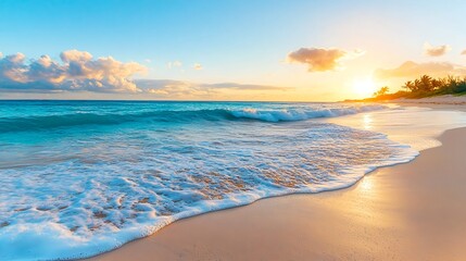 Obraz premium Serene Sunset Beach Scene, Ocean Waves - Golden hour photography