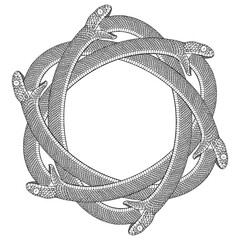 A design featuring an ouroboros,  an ancient symbol showing  a snake eating its own tail, representing the eternal cycle of destruction and rebirth, and concepts like eternity and unity.