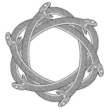 A design featuring an ouroboros,  an ancient symbol showing  a snake eating its own tail, representing the eternal cycle of destruction and rebirth, and concepts like eternity and unity.