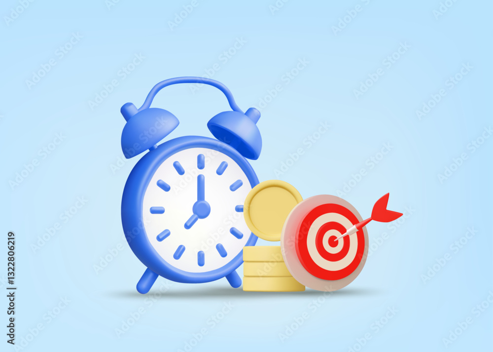 Poster 3d vector illustration render of alarm clock icon, goal and stack of coins. concept of setting clear