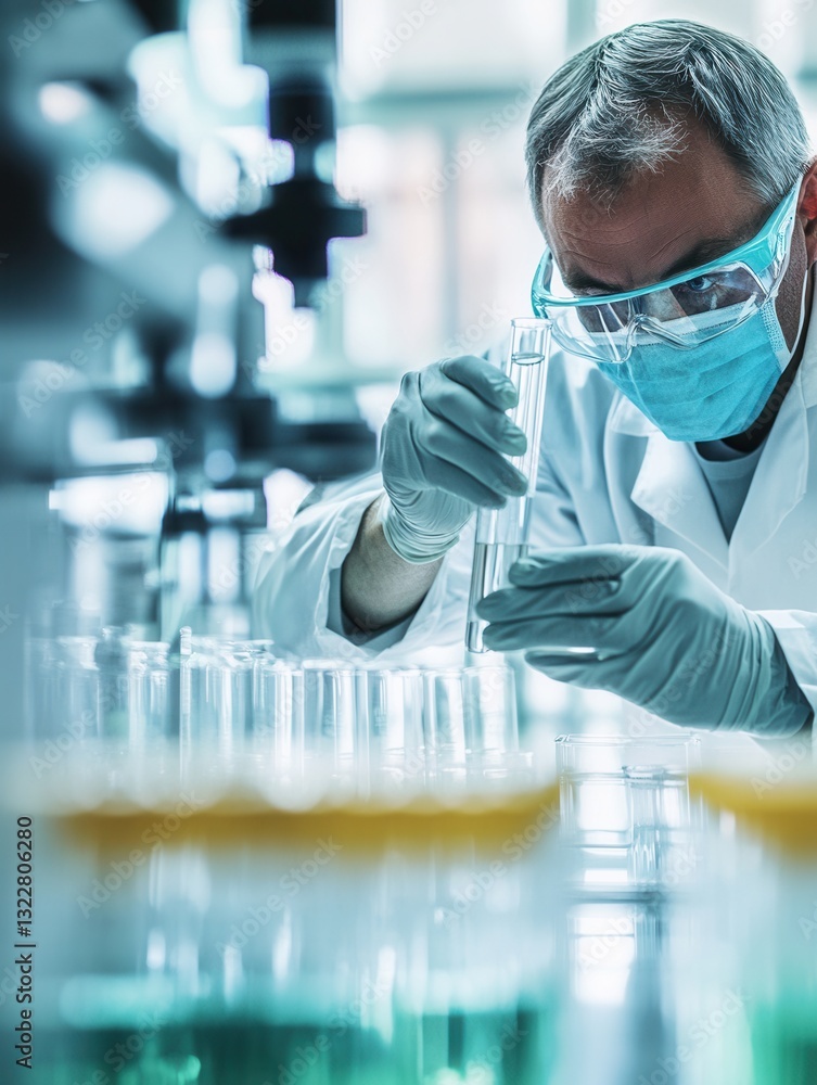 Poster scientist conducts experiments with test tube in modern laboratory setting