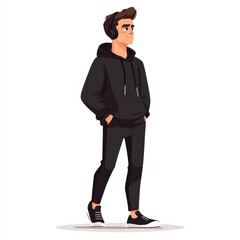 Young Man in Hoodie with Headphones Vector Cartoon Isolated Image