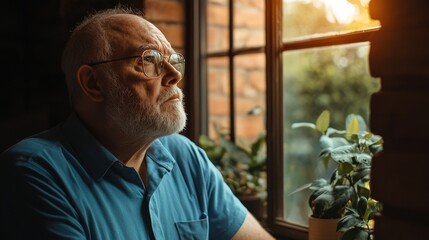 Elderly man contemplates life near a window