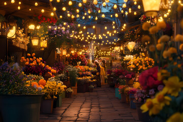 Fototapeta premium Vibrant flower market showcasing colorful arrangements and whimsical fairy accents, igniting joy and creative inspiration