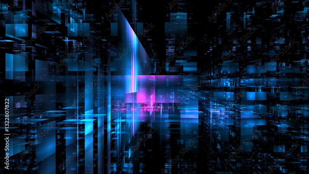 Poster bright blue and pink light beams intersect in a dynamic digital environment, surrounded by a myriad 