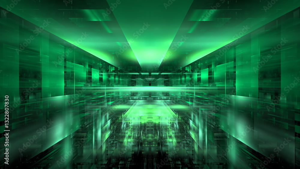 Poster bright green light fills a digital landscape with layered geometric patterns, creating a captivating