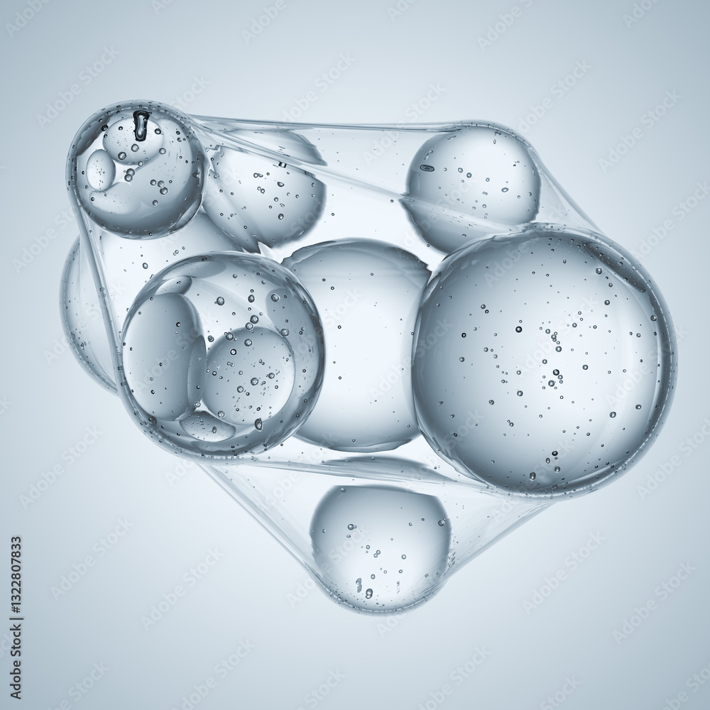 Poster transparent bubbles of varying sizes float gracefully in a light blue environment, creating a refres