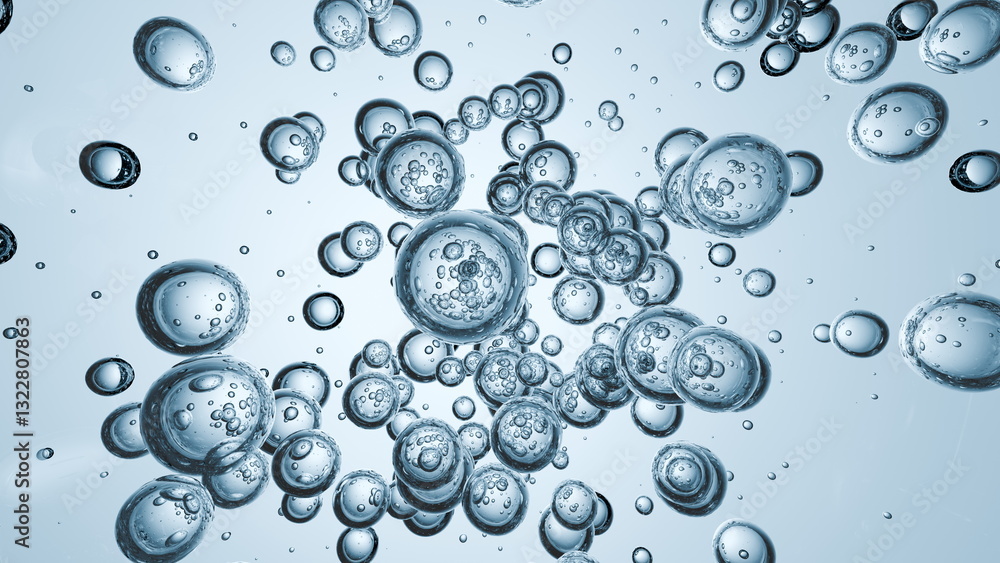 Poster bubbles of varying sizes are suspended in clear water, creating an enchanting effect as they rise an