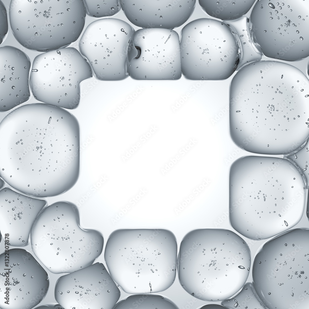 Poster collection of transparent water droplets frames a clear central area, providing a unique and refresh