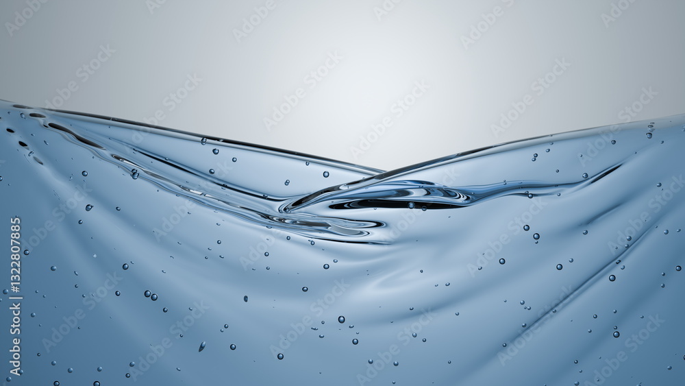 Poster water splashes dynamically, forming intricate shapes and smooth ripples. air bubbles rise, creating 
