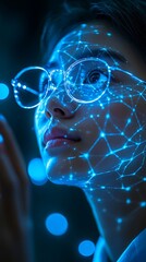 A woman with glasses and neural network projection on face