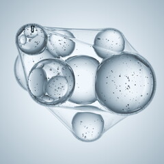 Transparent bubbles of varying sizes float gracefully in a light blue environment, creating a refreshing and calming atmosphere with reflections and delicate textures captured. 3d render