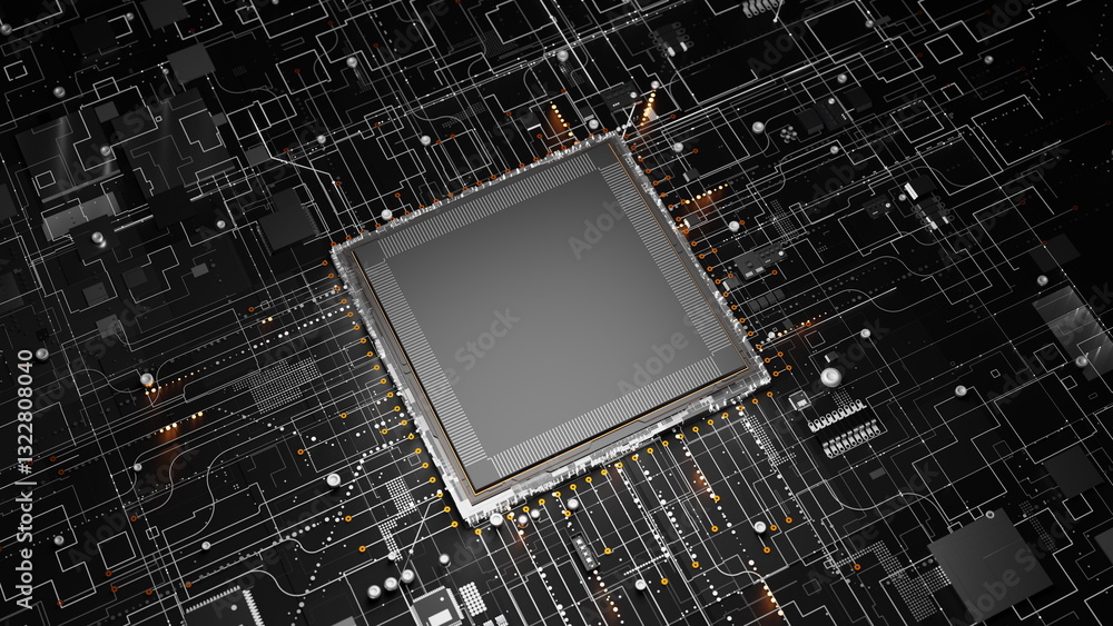 Poster detailed view of a computer chip situated on a circuit board highlights the complexity of modern ele
