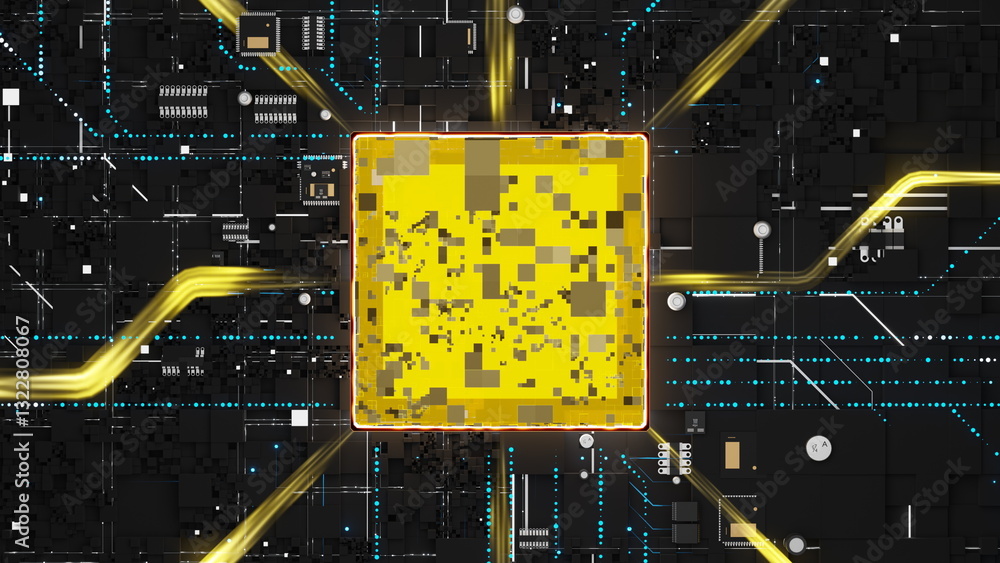 Poster vibrant depiction of technology circuit featuring a central yellow block surrounded by detailed line