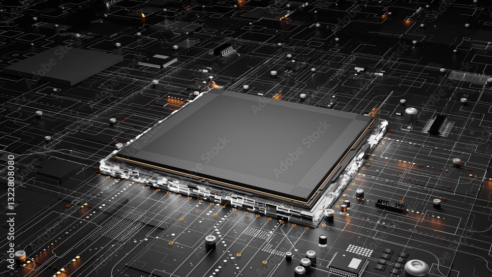 Poster detailed microchip is centrally positioned on a dark circuit board. surrounding electronic component