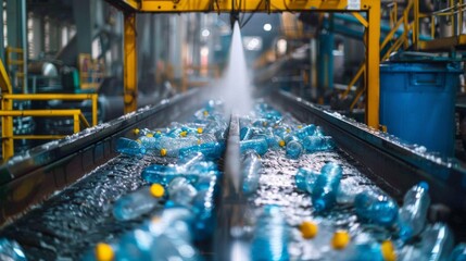 Bottles are moving along a conveyor belt in a recycling facility where they are being thoroughly washed to prepare for the recycling process, showcasing an effort for environmental sustainability.
