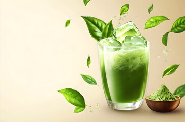 Refreshing Green Ice Beverage with Fresh Leaves and Ice Cubes in a Clear Glass Against a Soft Beige Background