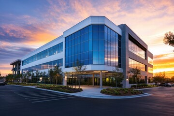 Modern office building at sunset.  Spacious, well-maintained commercial property with parking