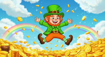 A Colorful Cartoon Leprechaun With Gold Coins And Rainbows In A Whimsical Style