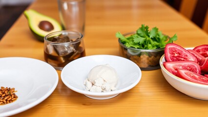 Diverse Culinary Delights A Tabletop Arrangement of Exotic Foods and Drinks