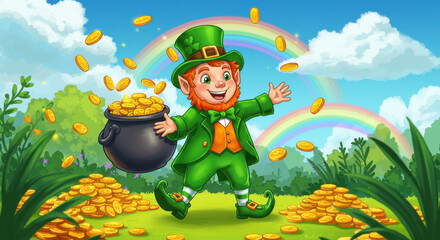 A Colorful Cartoon Leprechaun With Gold Coins And Rainbows In A Whimsical Style