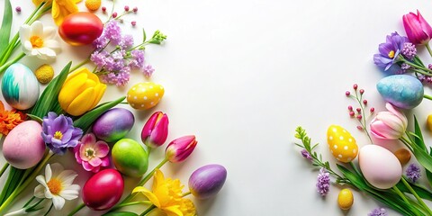 Easter Eggs, Spring Flowers, Fresh & Vibrant Paschal Celebration Flat Lay