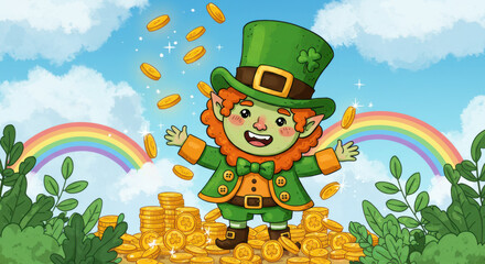 A Colorful Cartoon Leprechaun With Gold Coins And Rainbows In A Whimsical Style