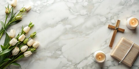 Eco-Friendly Church Celebration: Sustainable Marble Flat Lay with Copy Space